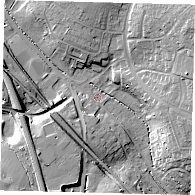 Shaded relief map of the ground around SG28DR, computed from Environment Agency LiDAR. The ground here sits at about 79 m above sea level and falls 23 m across the surrounding 800 m. Surface water reaching this point runs off ground lying to the south-south-west, 8.3 m higher.