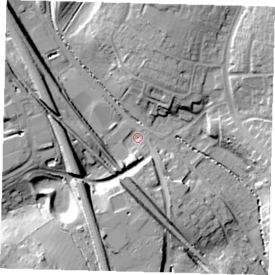 Shaded relief map of the ground around SG28DT, computed from Environment Agency LiDAR. The ground here sits at about 79 m above sea level and falls 20 m across the surrounding 800 m. Surface water reaching this point runs off ground lying to the south-south-west, 14.8 m higher.