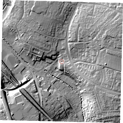 Shaded relief map of the ground around SG28DY, computed from Environment Agency LiDAR. The ground here sits at about 83 m above sea level and falls 24 m across the surrounding 800 m. Surface water reaching this point runs off ground lying to the east-south-east, 4.8 m higher.