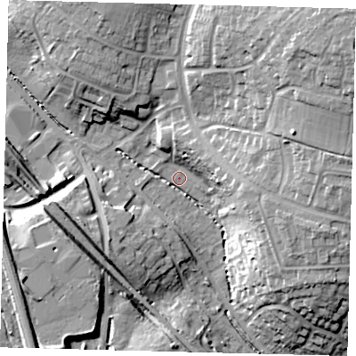 Shaded relief map of the ground around SG28DZ, computed from Environment Agency LiDAR. The ground here sits at about 78 m above sea level and falls 25 m across the surrounding 800 m. Surface water reaching this point runs off ground lying to the north-east, 23.4 m higher.