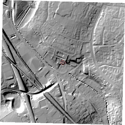 Shaded relief map of the ground around SG28QT, computed from Environment Agency LiDAR. The ground here sits at about 81 m above sea level and falls 21 m across the surrounding 800 m. Surface water reaching this point runs off ground lying to the north-north-west, 8.2 m higher.