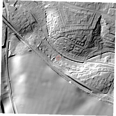 Shaded relief map of the ground around SG28RJ, computed from Environment Agency LiDAR. The ground here sits at about 76 m above sea level and falls 22 m across the surrounding 800 m. Surface water reaching this point runs off ground lying to the south-south-west, 16.7 m higher.