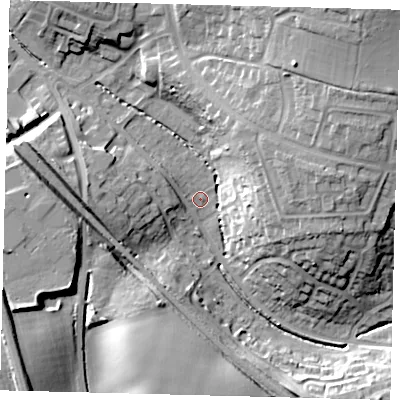 Shaded relief map of the ground around SG28RP, computed from Environment Agency LiDAR. The ground here sits at about 77 m above sea level and falls 24 m across the surrounding 800 m. Surface water reaching this point runs off ground lying to the north-east, 22.6 m higher.