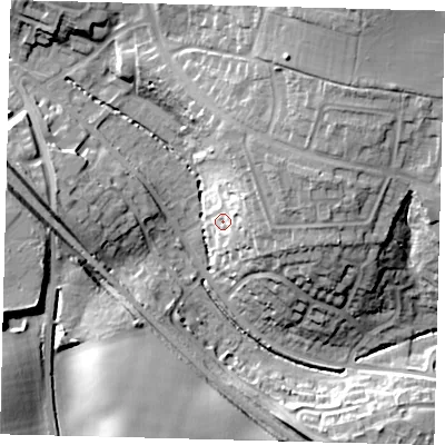 Shaded relief map of the ground around SG28RR, computed from Environment Agency LiDAR. The ground here sits at about 82 m above sea level and falls 23 m across the surrounding 800 m. Surface water reaching this point runs off ground lying to the east-north-east, 12.1 m higher.