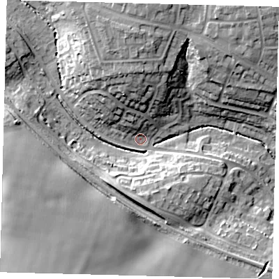 Shaded relief map of the ground around SG28SA, computed from Environment Agency LiDAR. The ground here sits at about 76 m above sea level and falls 21 m across the surrounding 800 m. Surface water reaching this point runs off ground lying to the north-north-west, 13.2 m higher.