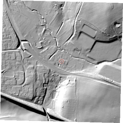 Shaded relief map of the ground around SG28SB, computed from Environment Agency LiDAR. The ground here sits at about 69 m above sea level and falls 20 m across the surrounding 800 m. Surface water reaching this point runs off ground lying to the west, 15.0 m higher.