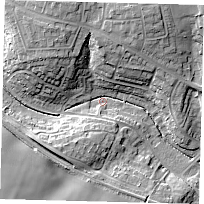 Shaded relief map of the ground around SG28SD, computed from Environment Agency LiDAR. The ground here sits at about 75 m above sea level and falls 22 m across the surrounding 800 m. Surface water reaching this point runs off ground lying to the north-west, 18.1 m higher.