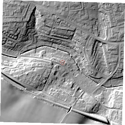 Shaded relief map of the ground around SG28SE, computed from Environment Agency LiDAR. The ground here sits at about 78 m above sea level and falls 21 m across the surrounding 800 m. Surface water reaching this point runs off ground lying to the west-south-west, 9.0 m higher.