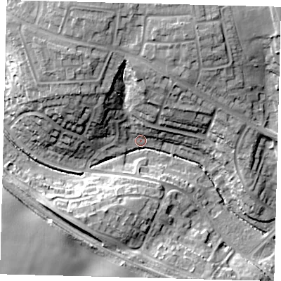 Shaded relief map of the ground around SG28SQ, computed from Environment Agency LiDAR. The ground here sits at about 76 m above sea level and falls 22 m across the surrounding 800 m. Surface water reaching this point runs off ground lying to the north-north-east, 18.9 m higher.