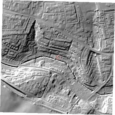 Shaded relief map of the ground around SG28SX, computed from Environment Agency LiDAR. The ground here sits at about 75 m above sea level and falls 22 m across the surrounding 800 m. Surface water reaching this point runs off ground lying to the north, 21.0 m higher.