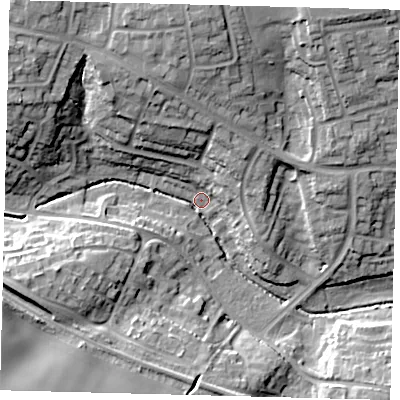 Shaded relief map of the ground around SG28SY, computed from Environment Agency LiDAR. The ground here sits at about 75 m above sea level and falls 22 m across the surrounding 800 m. Surface water reaching this point runs off ground lying to the north, 21.3 m higher.