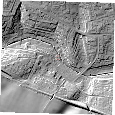 Shaded relief map of the ground around SG28SZ, computed from Environment Agency LiDAR. The ground here sits at about 75 m above sea level and falls 20 m across the surrounding 800 m. Surface water reaching this point runs off ground lying to the north-north-west, 19.7 m higher.
