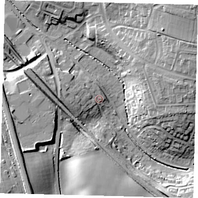 Shaded relief map of the ground around SG28TN, computed from Environment Agency LiDAR. The ground here sits at about 81 m above sea level and falls 23 m across the surrounding 800 m. Surface water reaching this point runs off ground lying to the west, 7.6 m higher.