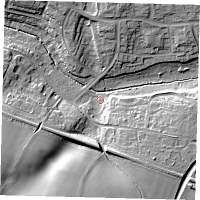 Shaded relief map of the ground around SG28UH, computed from Environment Agency LiDAR. The ground here sits at about 75 m above sea level and falls 20 m across the surrounding 800 m. Surface water reaching this point runs off ground lying to the south-south-west, 17.5 m higher.