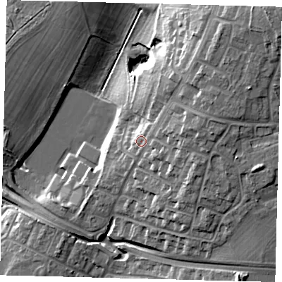 Shaded relief map of the ground around SG29AF, computed from Environment Agency LiDAR. The ground here sits at about 97 m above sea level and falls 23 m across the surrounding 800 m. Surface water reaching this point runs off ground lying to the east-north-east, 8.3 m higher.