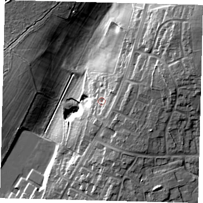 Shaded relief map of the ground around SG29DF, computed from Environment Agency LiDAR. The ground here sits at about 99 m above sea level and falls 27 m across the surrounding 800 m. Surface water reaching this point runs off ground lying to the east-north-east, 6.8 m higher.