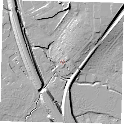 Shaded relief map of the ground around SG40AA, computed from Environment Agency LiDAR. The ground here sits at about 58 m above sea level and falls 23 m across the surrounding 800 m. Surface water reaching this point runs off ground lying to the north-east, 14.6 m higher.