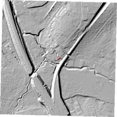 Shaded relief map of the ground around SG40AF, computed from Environment Agency LiDAR. The ground here sits at about 57 m above sea level and falls 22 m across the surrounding 800 m. Surface water reaching this point runs off ground lying to the east, 7.8 m higher.