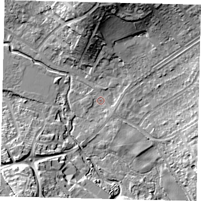 Shaded relief map of the ground around SG40AS, computed from Environment Agency LiDAR. The ground here sits at about 55 m above sea level and falls 20 m across the surrounding 800 m. Surface water reaching this point runs off ground lying to the north-north-east, 16.5 m higher.