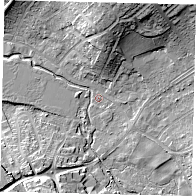Shaded relief map of the ground around SG40AT, computed from Environment Agency LiDAR. The ground here sits at about 54 m above sea level and falls 21 m across the surrounding 800 m. Surface water reaching this point runs off ground lying to the north-north-east, 16.9 m higher.