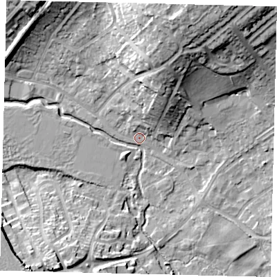 Shaded relief map of the ground around SG40AU, computed from Environment Agency LiDAR. The ground here sits at about 54 m above sea level and falls 23 m across the surrounding 800 m. Surface water reaching this point runs off ground lying to the north-north-east, 22.9 m higher.
