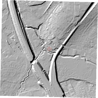 Shaded relief map of the ground around SG40AW, computed from Environment Agency LiDAR. The ground here sits at about 55 m above sea level and falls 22 m across the surrounding 800 m. Surface water reaching this point runs off ground lying to the south-south-east, 10.5 m higher.
