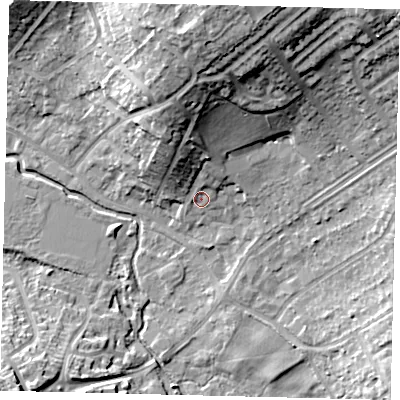 Shaded relief map of the ground around SG40AX, computed from Environment Agency LiDAR. The ground here sits at about 57 m above sea level and falls 24 m across the surrounding 800 m. Surface water reaching this point runs off ground lying to the north-north-east, 2.8 m higher.