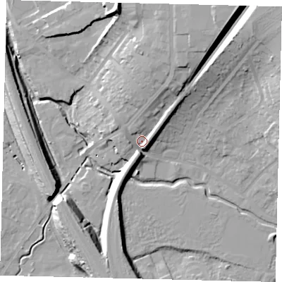 Shaded relief map of the ground around SG40AZ, computed from Environment Agency LiDAR. The ground here sits at about 60 m above sea level and falls 23 m across the surrounding 800 m. Surface water reaching this point runs off ground lying to the north-east, 16.1 m higher.