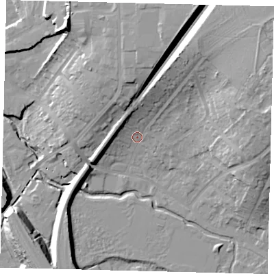 Shaded relief map of the ground around SG40BA, computed from Environment Agency LiDAR. The ground here sits at about 57 m above sea level and falls 26 m across the surrounding 800 m. Surface water reaching this point runs off ground lying to the north-north-east, 17.0 m higher.