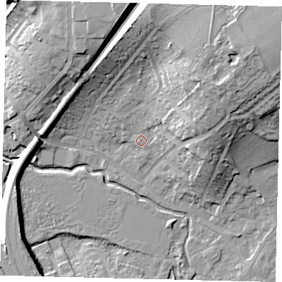 Shaded relief map of the ground around SG40BF, computed from Environment Agency LiDAR. The ground here sits at about 57 m above sea level and falls 25 m across the surrounding 800 m. Surface water reaching this point runs off ground lying to the east-north-east, 13.4 m higher.