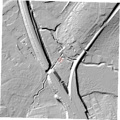 Shaded relief map of the ground around SG40BG, computed from Environment Agency LiDAR. The ground here sits at about 54 m above sea level and falls 21 m across the surrounding 800 m. Surface water reaching this point runs off ground lying to the north-east, 17.6 m higher.