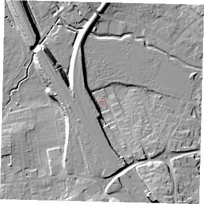 Shaded relief map of the ground around SG40BJ, computed from Environment Agency LiDAR. The ground here sits at about 57 m above sea level and falls 24 m across the surrounding 800 m. Surface water reaching this point runs off ground lying to the south-south-east, 11.2 m higher.