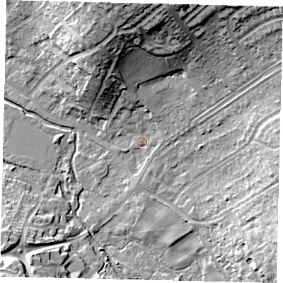 Shaded relief map of the ground around SG40BS, computed from Environment Agency LiDAR. The ground here sits at about 56 m above sea level and falls 21 m across the surrounding 800 m. Surface water reaching this point runs off ground lying to the north, 3.1 m higher.