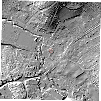 Shaded relief map of the ground around SG40BT, computed from Environment Agency LiDAR. The ground here sits at about 55 m above sea level and falls 20 m across the surrounding 800 m. Surface water reaching this point runs off ground lying to the north-north-east, 0.7 m higher.