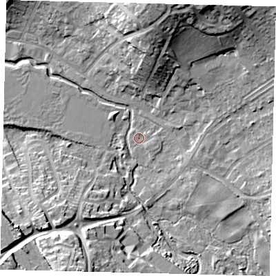 Shaded relief map of the ground around SG40BU, computed from Environment Agency LiDAR. The ground here sits at about 54 m above sea level and falls 19 m across the surrounding 800 m. Surface water reaching this point runs off ground lying to the east-south-east, 0.8 m higher.