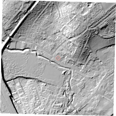 Shaded relief map of the ground around SG40BX, computed from Environment Agency LiDAR. The ground here sits at about 55 m above sea level and falls 25 m across the surrounding 800 m. Surface water reaching this point runs off ground lying to the north-east, 23.7 m higher.