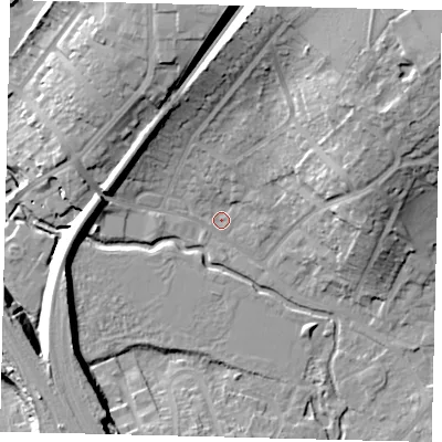 Shaded relief map of the ground around SG40BZ, computed from Environment Agency LiDAR. The ground here sits at about 54 m above sea level and falls 27 m across the surrounding 800 m. Surface water reaching this point runs off ground lying to the north-east, 24.0 m higher.
