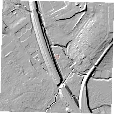 Shaded relief map of the ground around SG40DA, computed from Environment Agency LiDAR. The ground here sits at about 54 m above sea level and falls 24 m across the surrounding 800 m. Surface water reaching this point runs off ground lying to the north-north-east, 21.8 m higher.