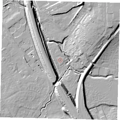 Shaded relief map of the ground around SG40DB, computed from Environment Agency LiDAR. The ground here sits at about 55 m above sea level and falls 24 m across the surrounding 800 m. Surface water reaching this point runs off ground lying to the west, 1.2 m higher.