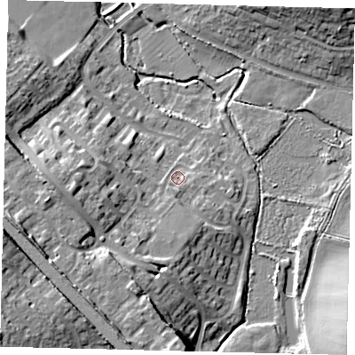 Shaded relief map of the ground around SG40DU, computed from Environment Agency LiDAR. The ground here sits at about 62 m above sea level and falls 23 m across the surrounding 800 m. Surface water reaching this point runs off ground lying to the west-south-west, 12.4 m higher.