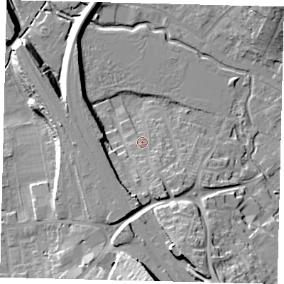 Shaded relief map of the ground around SG40HN, computed from Environment Agency LiDAR. The ground here sits at about 59 m above sea level and falls 27 m across the surrounding 800 m. Surface water reaching this point runs off ground lying to the south-south-east, 6.2 m higher.