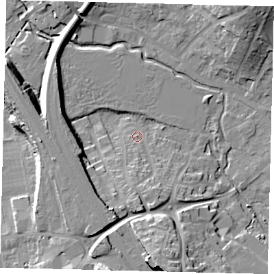 Shaded relief map of the ground around SG40HP, computed from Environment Agency LiDAR. The ground here sits at about 56 m above sea level and falls 24 m across the surrounding 800 m. Surface water reaching this point runs off ground lying to the south, 7.8 m higher.