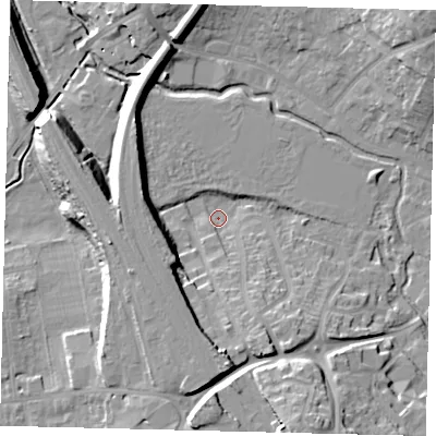 Shaded relief map of the ground around SG40HW, computed from Environment Agency LiDAR. The ground here sits at about 55 m above sea level and falls 22 m across the surrounding 800 m. Surface water reaching this point runs off ground lying to the south-south-east, 10.4 m higher.
