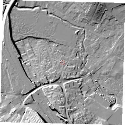 Shaded relief map of the ground around SG40HX, computed from Environment Agency LiDAR. The ground here sits at about 58 m above sea level and falls 28 m across the surrounding 800 m. Surface water reaching this point runs off ground lying to the south-south-west, 23.5 m higher.