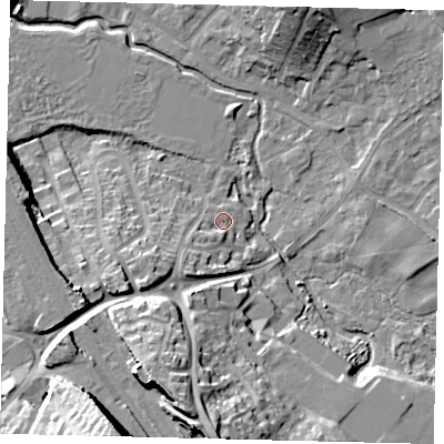 Shaded relief map of the ground around SG40HY, computed from Environment Agency LiDAR. The ground here sits at about 56 m above sea level and falls 28 m across the surrounding 800 m. Surface water reaching this point runs off ground lying to the south-west, 3.7 m higher.