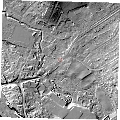 Shaded relief map of the ground around SG40JH, computed from Environment Agency LiDAR. The ground here sits at about 55 m above sea level and falls 25 m across the surrounding 800 m. Surface water reaching this point runs off ground lying to the east-south-east, 8.6 m higher.