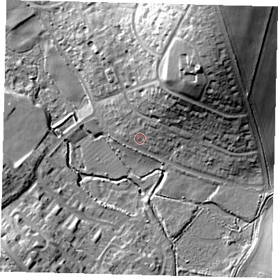 Shaded relief map of the ground around SG40NF, computed from Environment Agency LiDAR. The ground here sits at about 60 m above sea level and falls 28 m across the surrounding 800 m. Surface water reaching this point runs off ground lying to the north-east, 4.9 m higher.