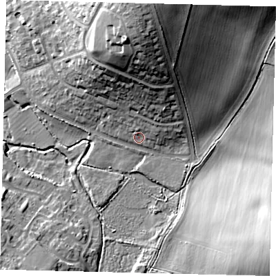 Shaded relief map of the ground around SG40NG, computed from Environment Agency LiDAR. The ground here sits at about 61 m above sea level and falls 28 m across the surrounding 800 m. Surface water reaching this point runs off ground lying to the north, 4.0 m higher.