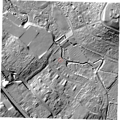 Shaded relief map of the ground around SG40PE, computed from Environment Agency LiDAR. The ground here sits at about 58 m above sea level and falls 28 m across the surrounding 800 m. Surface water reaching this point runs off ground lying to the west, 21.2 m higher.