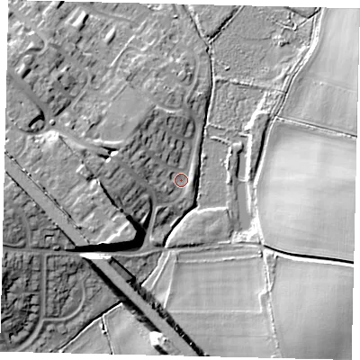 Shaded relief map of the ground around SG40PX, computed from Environment Agency LiDAR. The ground here sits at about 61 m above sea level and falls 17 m across the surrounding 800 m. Surface water reaching this point runs off ground lying to the west, 5.0 m higher.